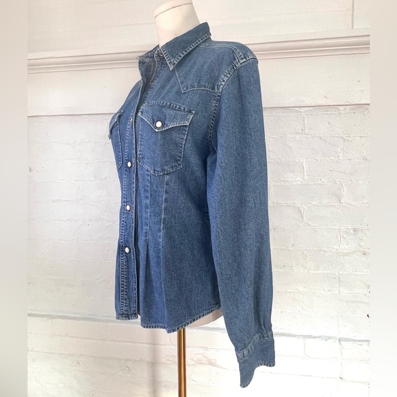 Replay Fitted Denim Pearl Snap Shirt Medium Wash Coastal Cowgirl Western Shacket - Picture 3 of 15